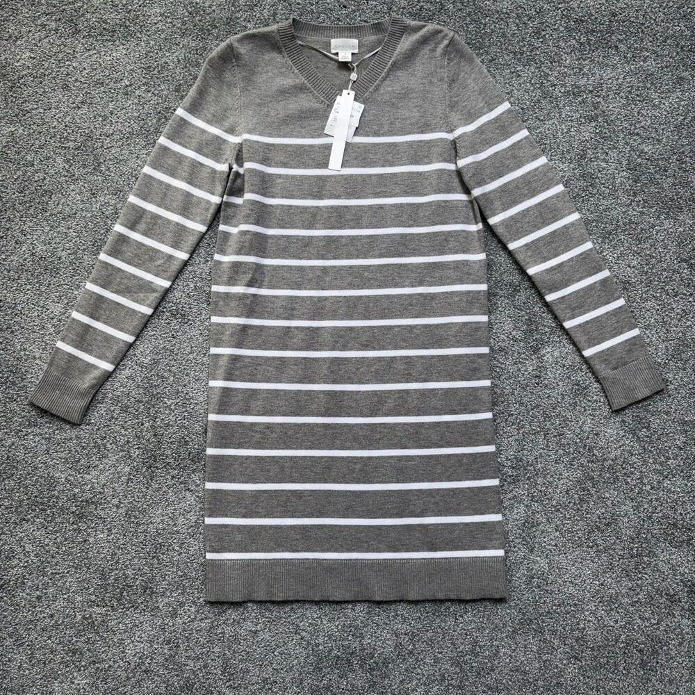 Caslon Womens XXS Sweater Dress V Neck Knit Gray White Stripe NWT